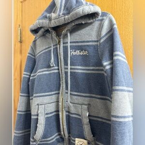 Hollister Striped Hoodie Mens Medium Distressed Full Zip Gray